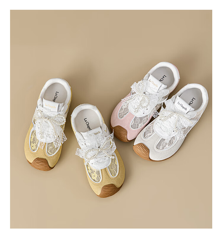 La Chapelle German Training Shoes Bow Mesh Shoes Autumn New Breathable Lightweight Sports Casual Versatile Sneakers Beige 37 8