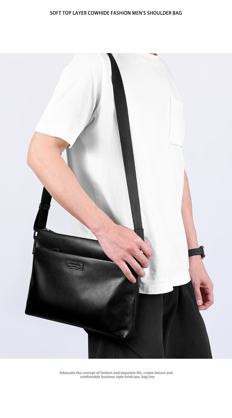 Pabojoe Leather Crossbody Bag for Men, Top-Grain Cowhide Horizontal Style Men's Shoulder Bag, Large Capacity Messenger Bag, Commuter Square Bag, Valentine's Day Gift 4