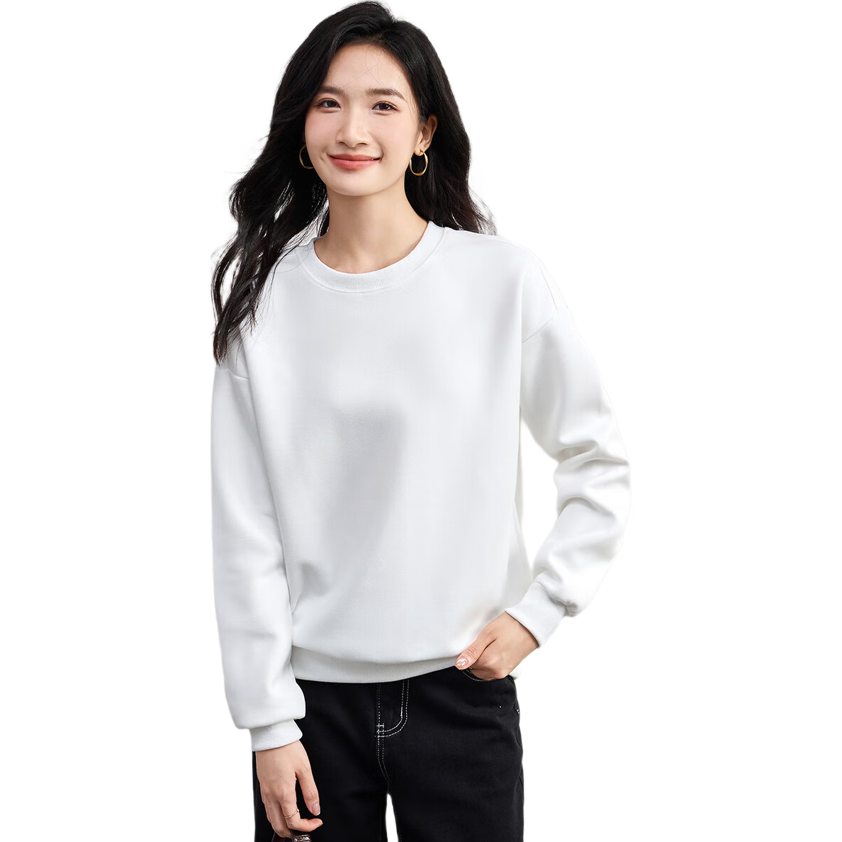 Jeanswest Round Neck Sweatshirt for Women, Spring/summer 2026, Petite Loose Fit Simple Versatile Long-Sleeve Top, White, 2XL