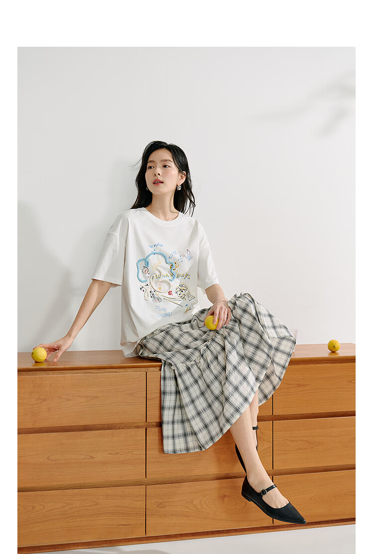 INMAN [Same As in Show] Cotton Cat Print Round Neck Short Sleeve T-Shirt for Women, Summer 2026 Top, Off-White, Size S 13