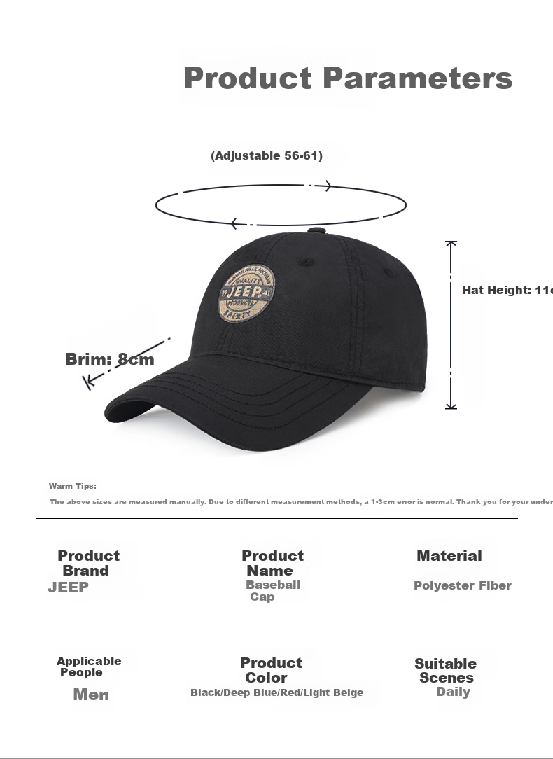 JEEP Men's Trendy Korean-Style Baseball Cap, Fashionable Embroidered Visor Hat for Couples, Versatile All-Season Hat 3