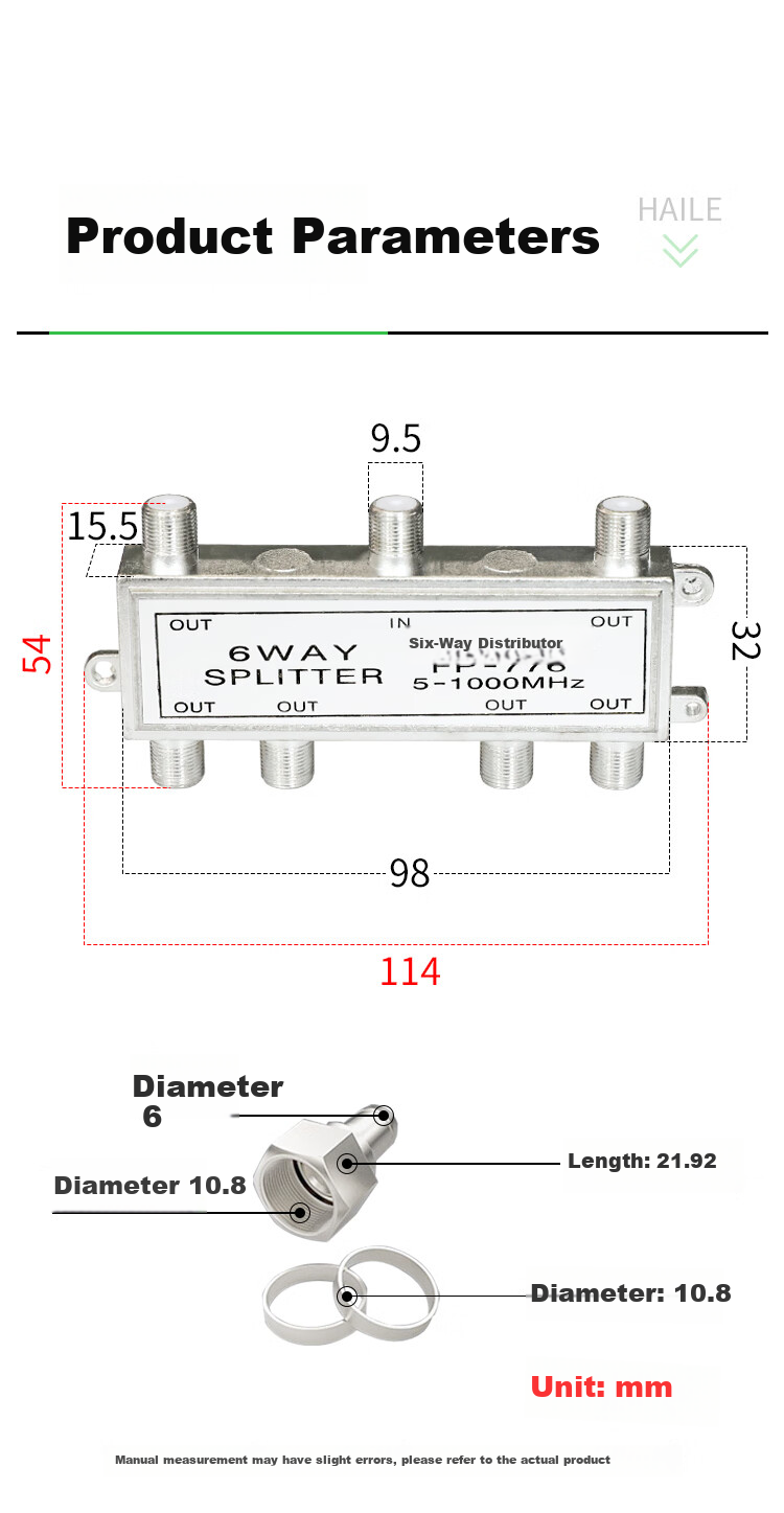 HAILE Video Distributor, 1-To Cable TV Signal Splitter, 5-1000MHz, Metric F Connector, FP-6G with Connector 7