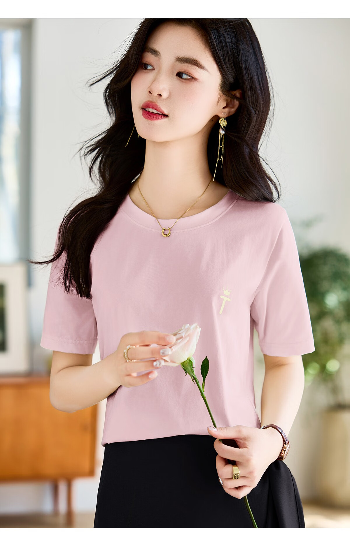 Taxiang Women's Short-Sleeve T-Shirt, Round Neck, Casual Versatile Embroidered Top, Ladies' T-Shirt, Simple Short-Sleeve Undershirt T143T1390 20