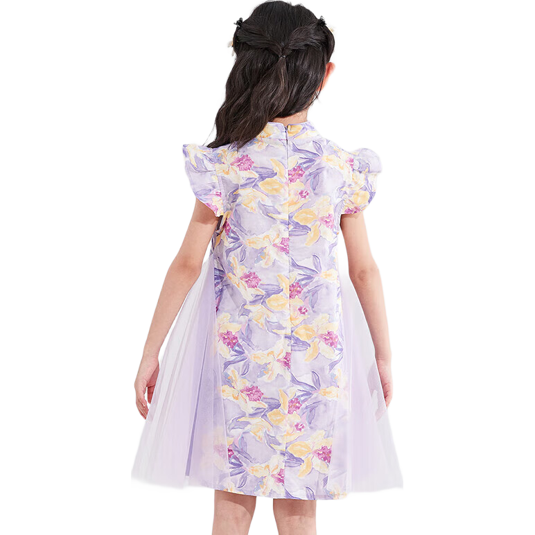 DEESHA Girls' 2025 Summer Printed Mesh Hanfu Qipao, Purple Floral Print, Size 90
