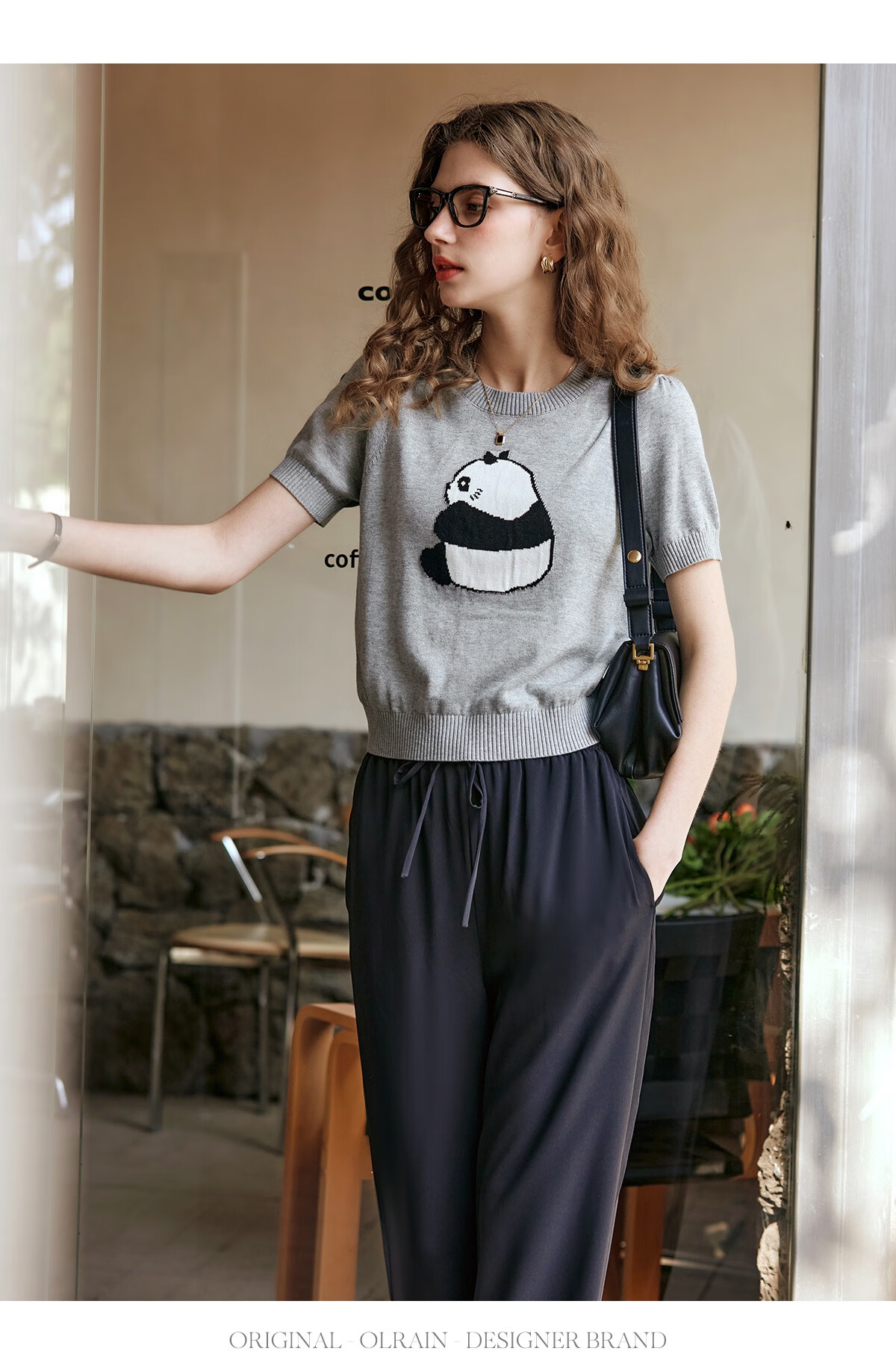 Oulain Elegant Short-Sleeve Knit Top for Women, Spring And Summer Fun Panda Pullover Sweater, Light Gray, L 28