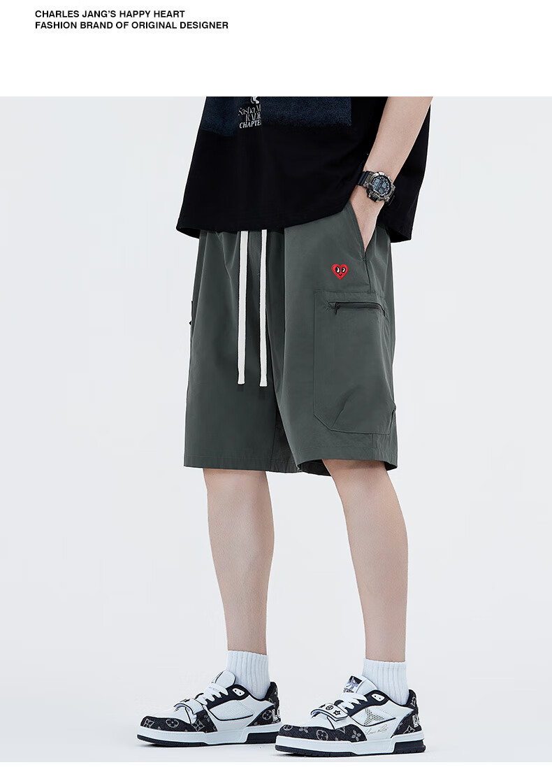 Charles Peach Heart Men's Summer Loose Casual Comfortable Breathable Drawstring Shorts with Large Pockets Black L 9