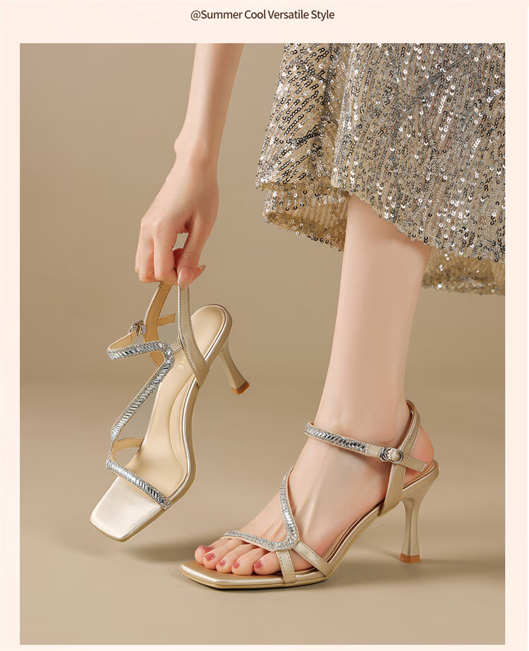 DAPHNE Women's Sandals New Summer Thin Heel Rhinestone Fairy Style High Heel Slippers Gold Size 38 9