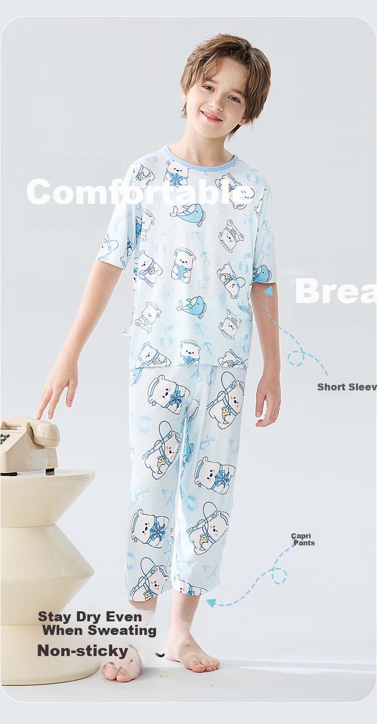 MiiOW Children's Pajamas for Boys [Youkesi + Cool Touch] Summer Thin Air Conditioning Wear Boys' Home Wear Set 5