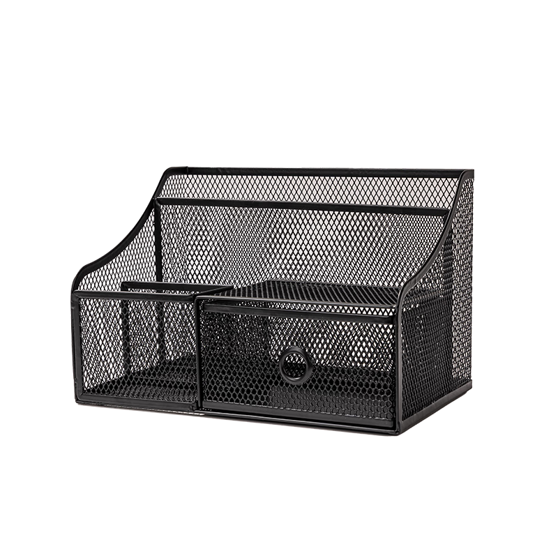 Deli Metal Iron Art Desktop Storage Box with Four Compartments, Large Capacity Storage Basket for Stationery, Cosmetics And Miscellaneous Items, Black