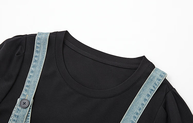 Demana Faux Two-Piece Layered Effect Summer Round Neck Cloud Cotton Denim Patchwork Mid-Length Women's Knit Dress 8