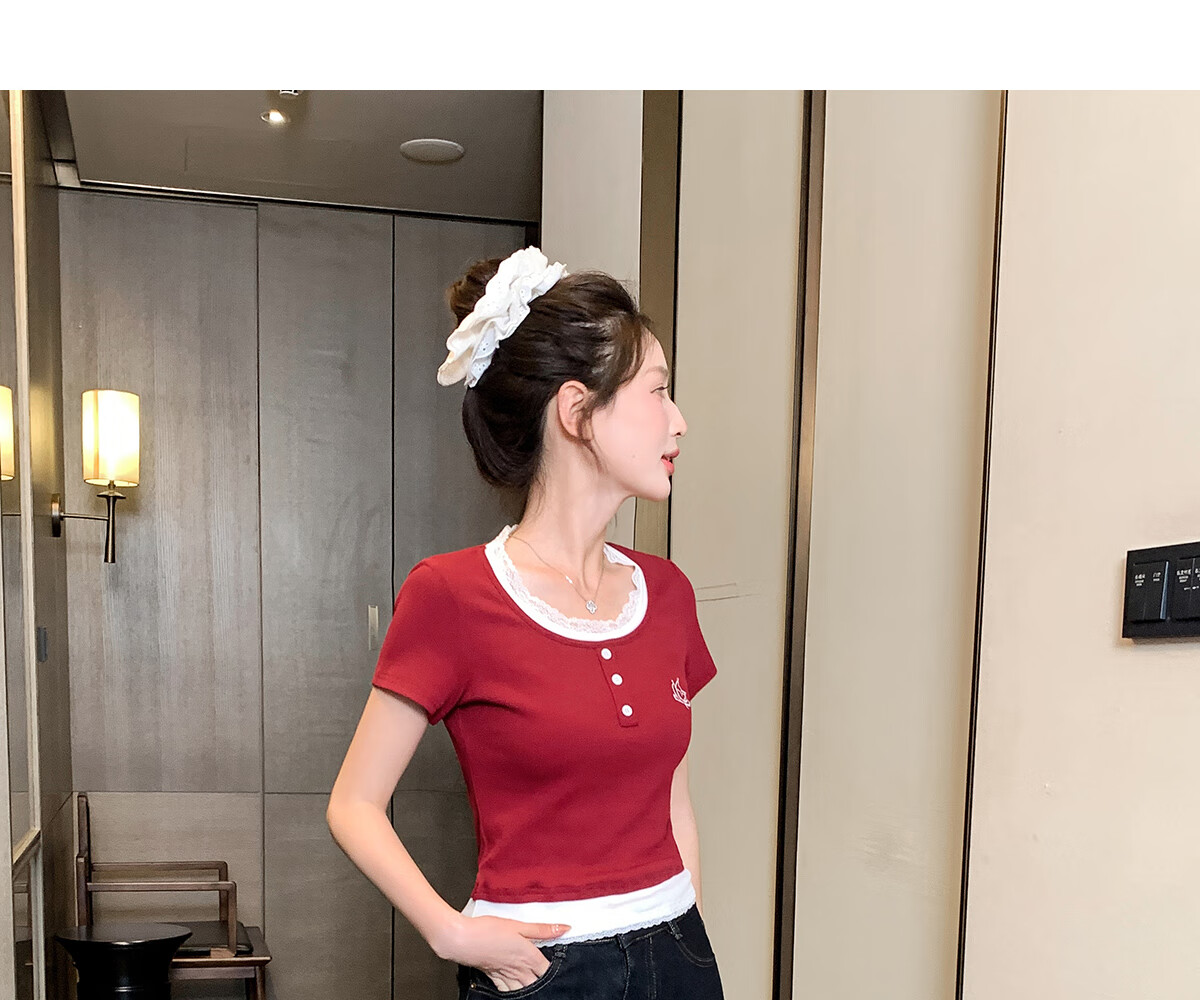 Halo Queen Women's Short-Sleeve T-Shirt, Round Neck, Red And White Contrasting Color Lace Splicing, Slim-Fit Embroidered Bow Waist-Cinching Slimming H52T076 3