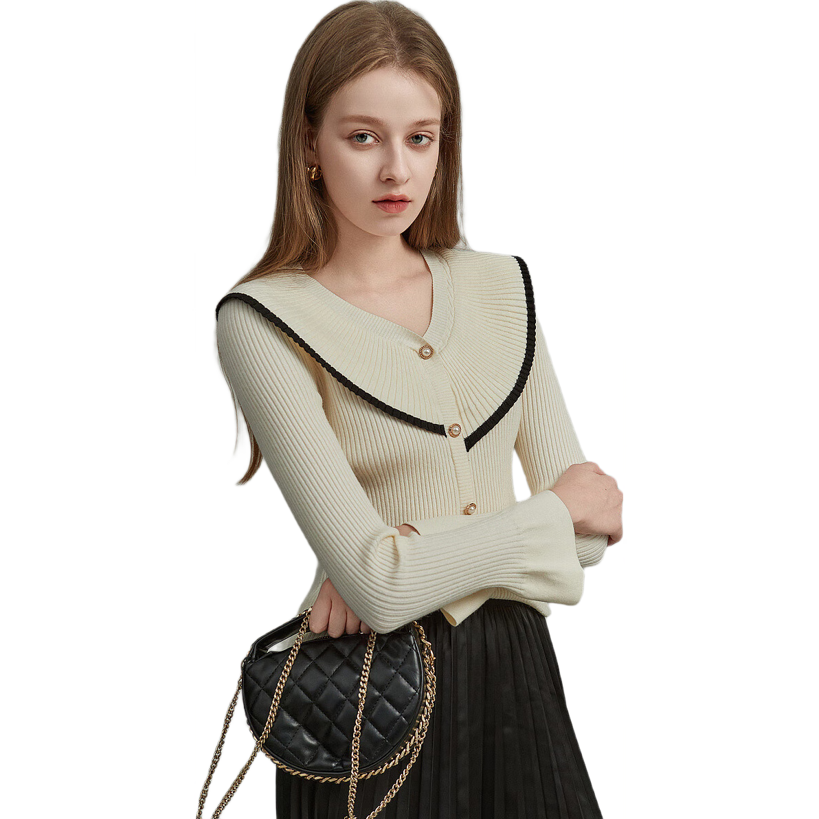 DME French Style V-Neck Velvet Yarn Ruffle Contrast Color Cardigan Ruffle Knitted Sweater Women's Top