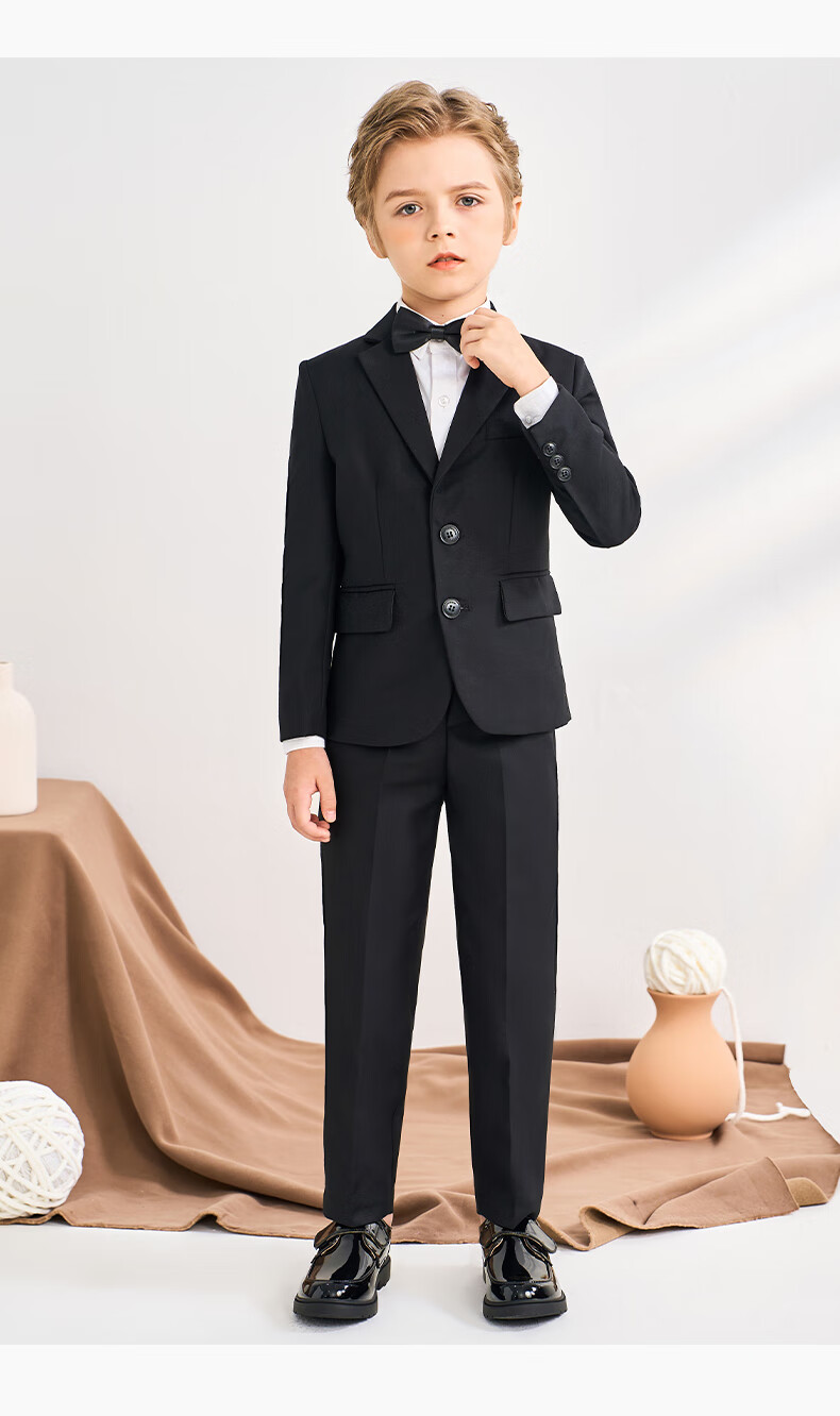 Romon Kids Suit Set Spring Autumn Boys Host Tuxedo Flower Boy Performance Outfit Black 170 21