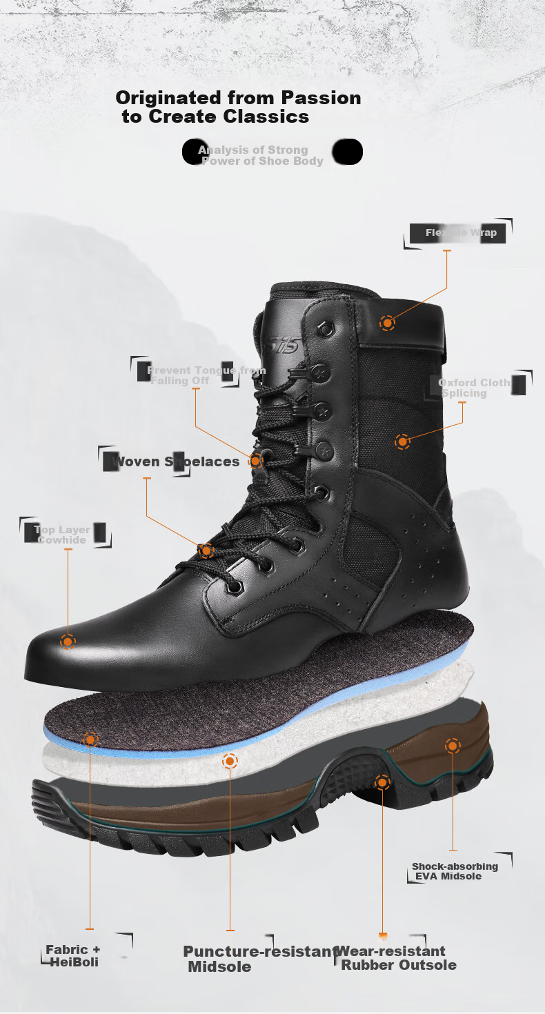 Qiangren Men's Boots, Jihua 3515 Original Sports Boots, Top-Layer Cowhide Outdoor Hiking Boots, Black Training Boots, Black, Size 39 7