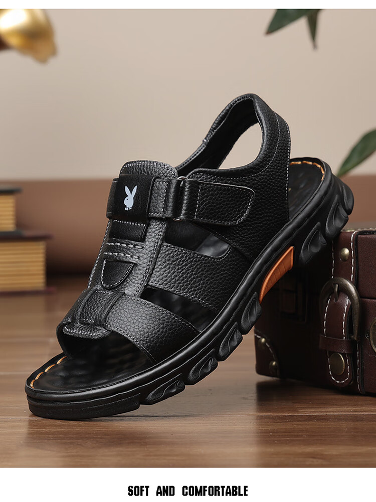 PLAYBOY Men's Sandals, Summer Casual Beach Shoes for Middle-Aged And Elderly Men, Leather Sandals for Dads, Black, Size 38 3