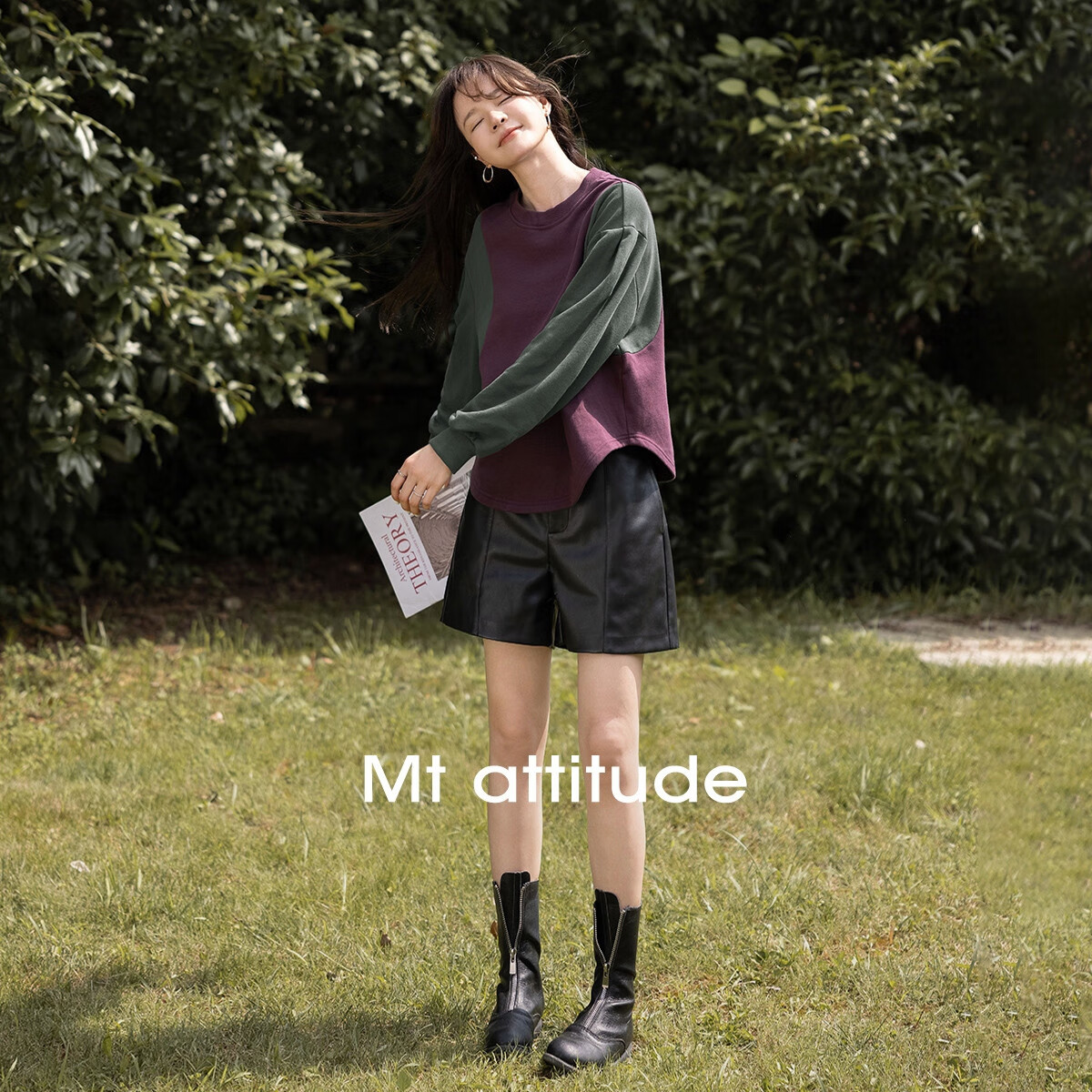 MT Casual Sportswear Autumn Terry Cloth Color-Block Puff Sleeve Crewneck Fashion Sweatshirt
