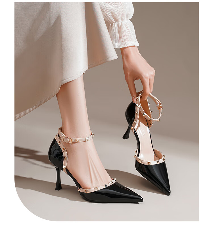 ZHR Rivet High Heels for Women, Elegant Pointed Toe, Socialite Style, Thin Heel Pumps, Sexy Closed-Toe Sandals for Women, IE02, Nude Pink, Size 34 28