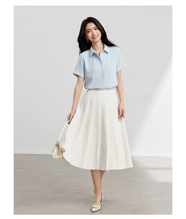 Bodexiaojie Blue Chiffon Short-Sleeve Blouse for Petite Women, Professional Work Top, Interview Formal Wear Shirt, Size L 8
