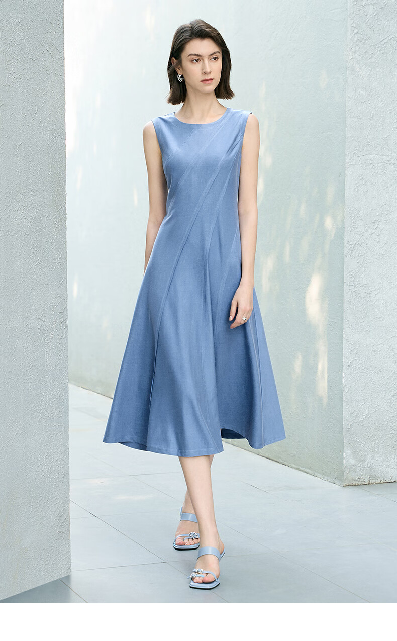 YANYEE Solid Color Vest Dress 2025 Summer Premium Blue Waist-Cinched Over-the-Knee Work Dress Blue M 12