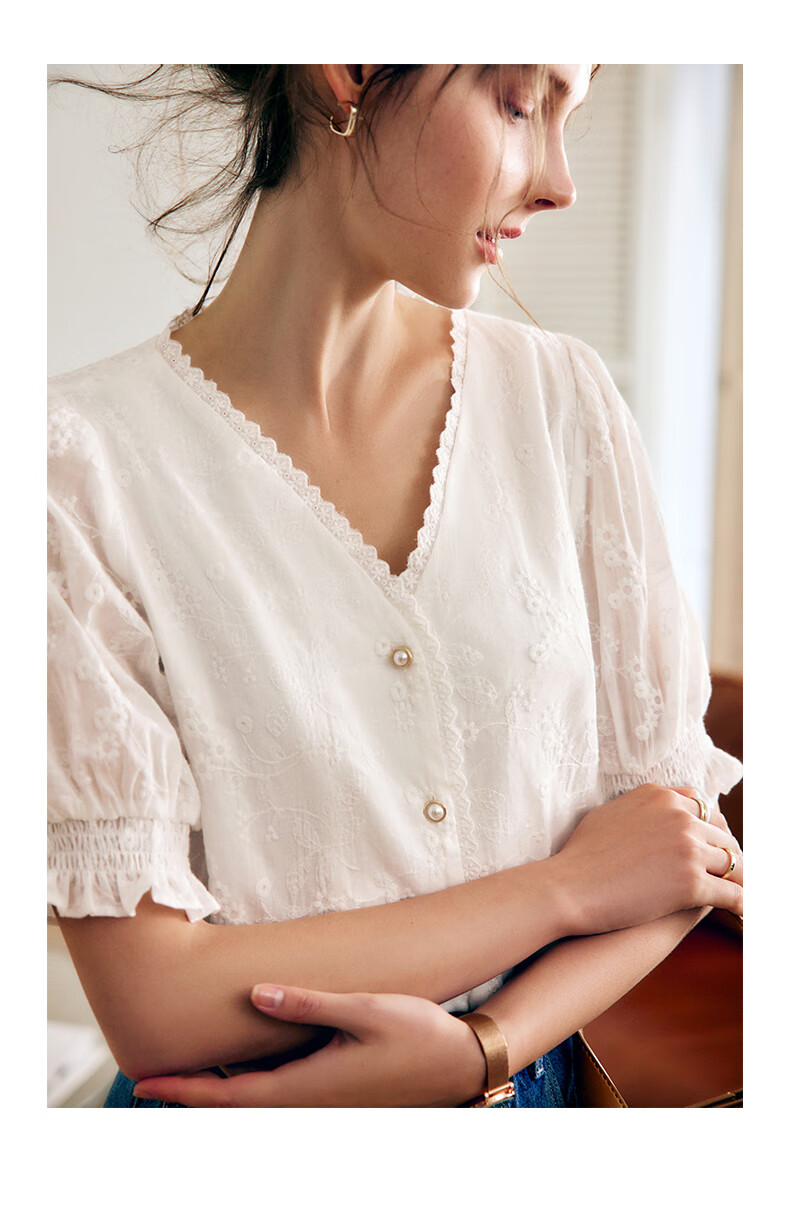 Olrain [Exquisite Small Flower Embroidery Lace Blouse], V-Neck Shirt, Summer Women's Top, Elegant Commuter Wear, White, M 9