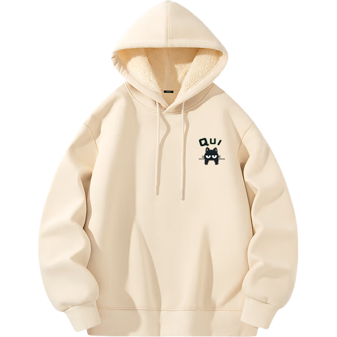 MINISO Thick Lambswool Hoodie for Men, Winter Warm Hooded Jacket, Heavyweight Versatile Top, Light Beige, Size L