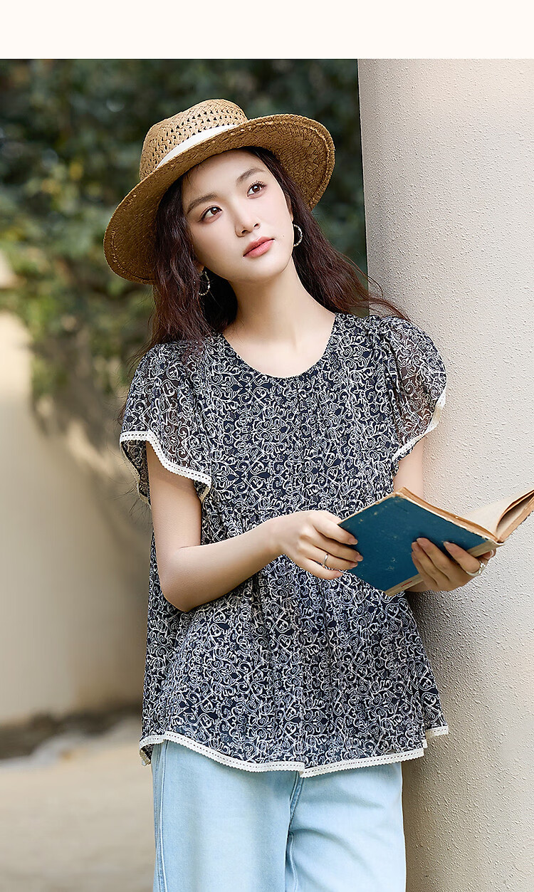 Dme [75D Chiffon Jacquard] Summer Flowy Short-Sleeve Shirt with Contrasting Trim, Loose Blouse Women's Top 12