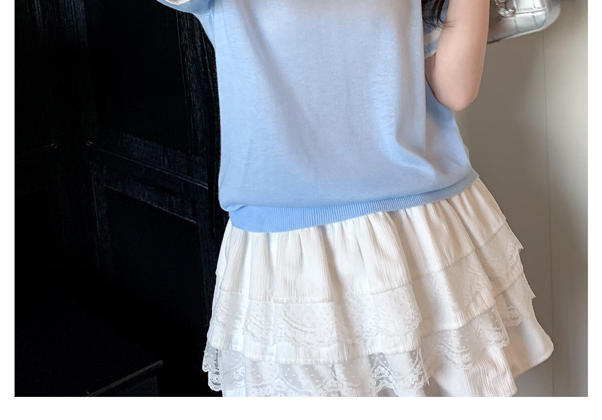 Halo Queen Knitted Short-Sleeve T-Shirt for Women, Round Neck, Contrasting Colors, Fashionable Slimming Top, Contains Wool And Silk, Comfortable Fabric, H52T032 31