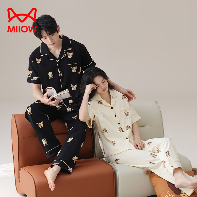 MiiOW Couples Spring Autumn Pajamas [Pure Cotton Antibacterial] Women's 2025 New Short Sleeve Men's Polo Collar Plus Size Homewear