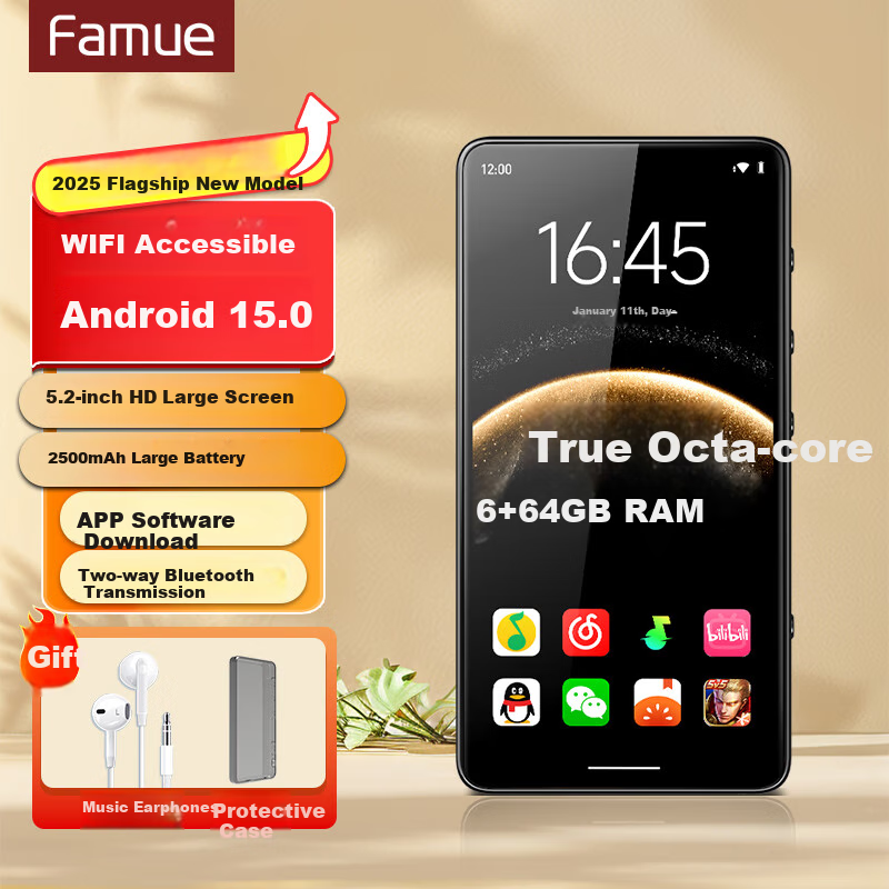 FAMUE BF88 Smart MP3/MP4 Player with WiFi Internet Access, 6+64GB RAM, Android 15, MP5 Online Music Streaming, HD Video, E-Book Reading, 5.2-Inch Display