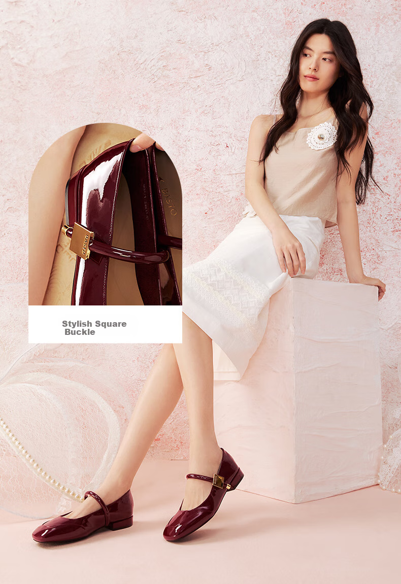 BASTO [Qiao Xin Same Style] Monet Garden 26 Autumn Beautiful Red Mary Jane Shoes, Women's Flats, Wedding Shoes 4
