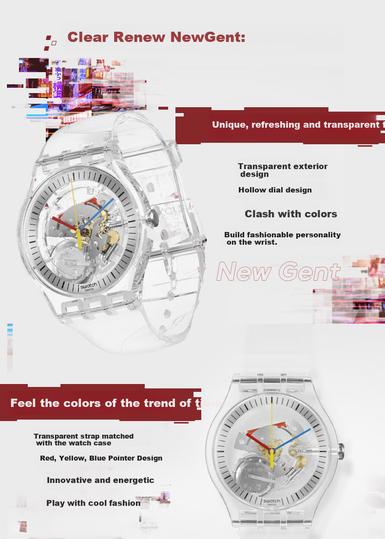 Swatch Swiss Watch, Skeleton Transparent Trendy Quartz Watch, Holiday Gift, Clear New Series New Gent 4
