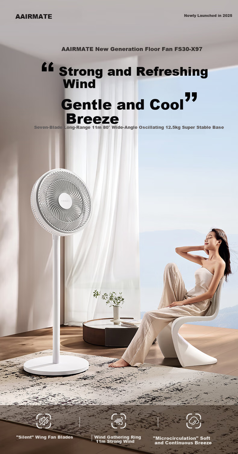 AIRMATE [Smart Remote Control] Seven-Blade Home High Airflow Floor Fan, Electric Fan, Desktop Air Circulator, Small Fan, 6-Speed Storm Timer Fan, High-Definition Screen Display FS30-R99 2