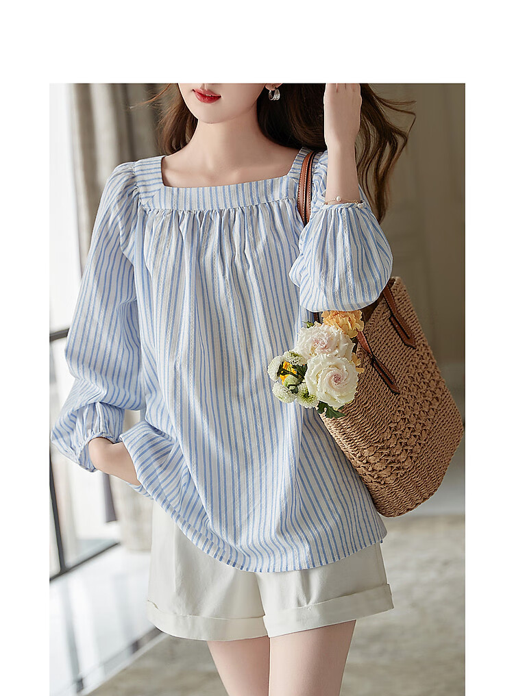 Dme [Oxygen Pure Cotton] Fresh Spring And Autumn Square Collar Striped Shirt, Retro Lantern Sleeves, Slimming Blouse, Women's Top 3
