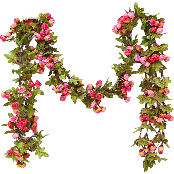 Shengshitaibao Artificial Flower Vine Green Plant Leaf Plastic Silk Flower Fake Flower Hanging Plant Vines Restaurant Decorative Cover-Up 42 Heads Rose Pink