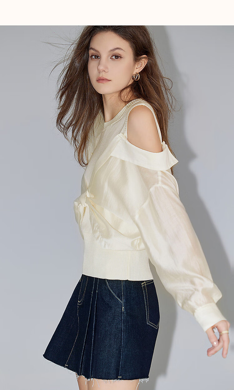 Dme [Sweet Cool C Position] Spring French Off-Shoulder Round Neck Design-Inspired Patchwork Sweater, Elegant Twisted Knit Top for Wome 12