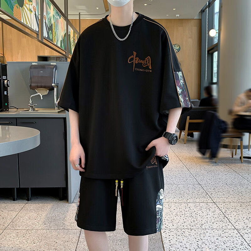 Zuofeili New Chinese-Style National Trend Casual Sports Set for Men, Summer Youth National Trend Ice Silk Short-Sleeve Shorts Outfit Two-Piece Set
