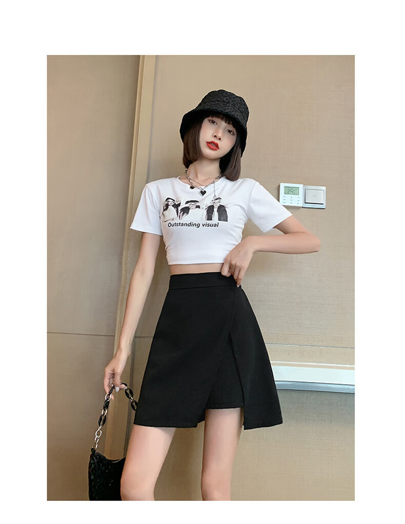 Langsha Women's High-Waist Asymmetric Slit Design Slim Fit A-Line Anti-Exposure Short Skirt Pants 15