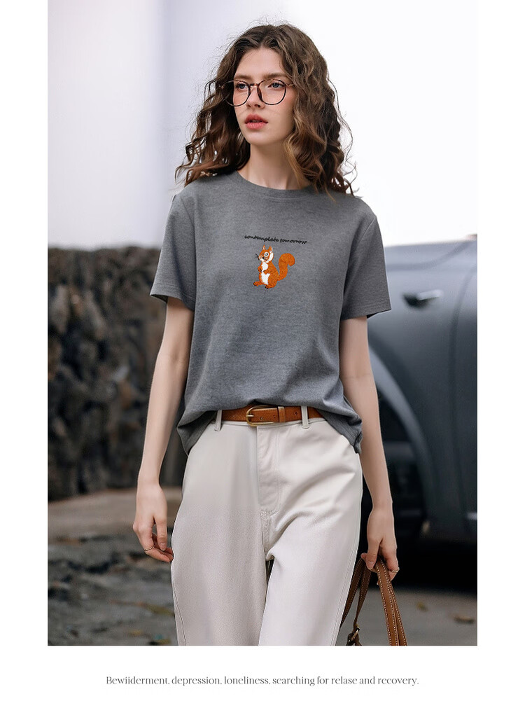 Olrain Colorblock Letter Embroidered Casual T-Shirt Summer Women's Short Sleeve Top Gray (New Batch) M 14