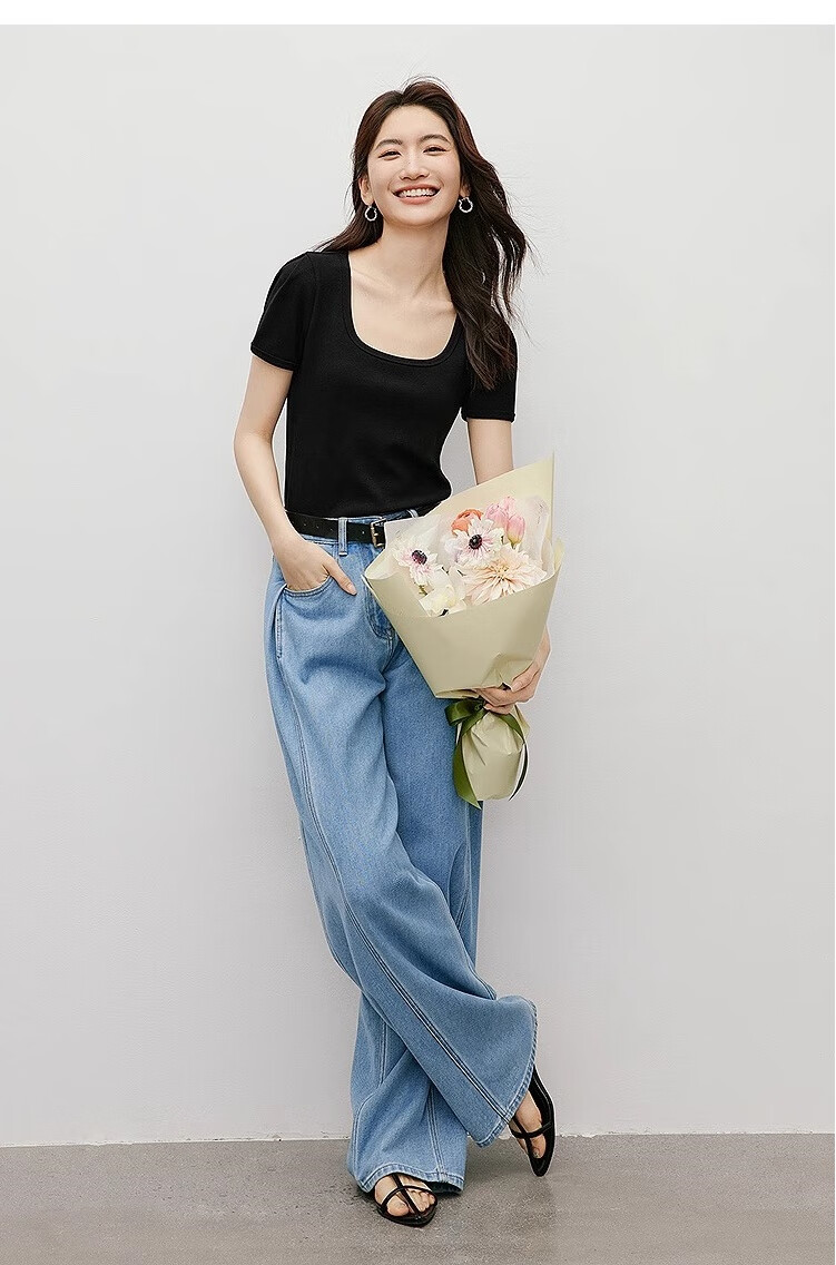 Woodpecker Women's Square Neck Short Sleeve T-Shirt 2025 New Spring Summer Casual Slim Fit Solid Color High-End Top White S 11