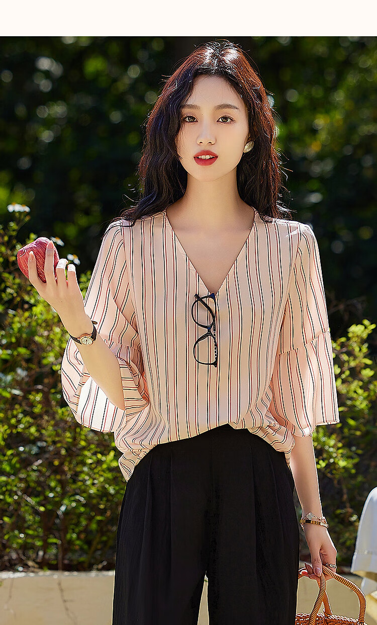 Demana [Artistic Melody] Summer V-Neck Composite Silk Huayao Shirt with Pleated Bell Sleeves Flowing Blouse Women's Top 33