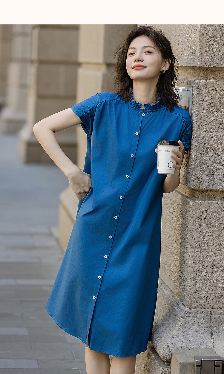 Dme [Klein Blue] Summer Oxygen Pure Cotton Lace Collar Short-Sleeve Loose Waist Long Elegant Single-Breasted Dress 11