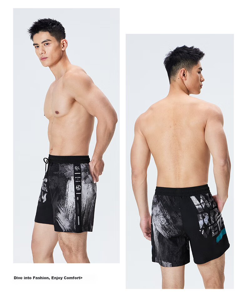 Li-Ning Men's Swim Shorts, Two-In Anti-Embarrassment Printed Five-Point Beach Shorts, Dual-Purpose Swim Trunks, Hot Spring Swimwear, 1101 Black L 13