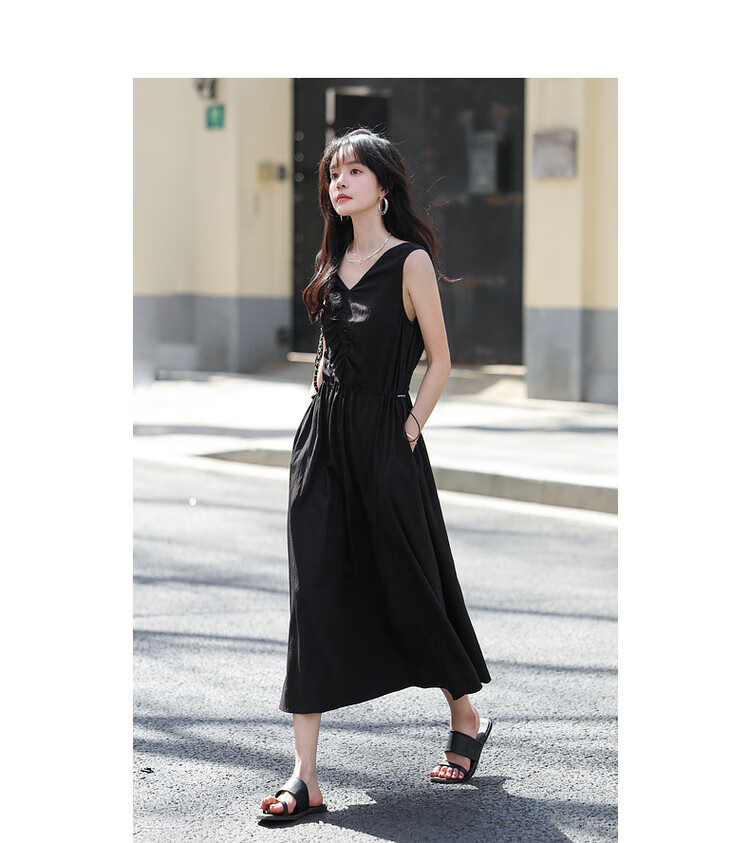 Mt [Muse Style] Summer Elegant V-Neck Tie-Waist Sleeveless Little Black Dress, Adjustable Waist Long Dress for Wome 4
