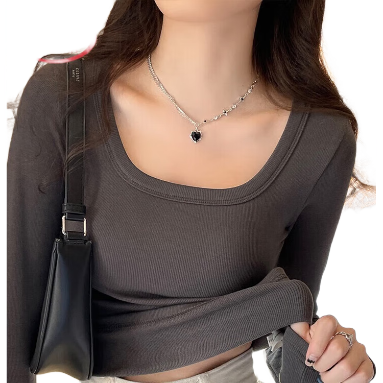 Langsha Square Neck Base Layer for Women, New Autumn/winter Thick Fleece Ribbed Long-Sleeve Slim-Fit Antibacterial Anti-Mite Inner Wear Top