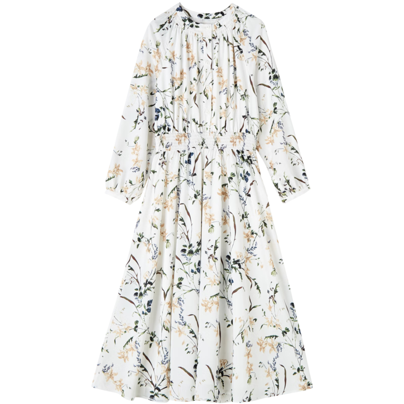 Dme Floral Print Dress, Spring And Autumn Round Neck Waist-Cinching Long-Sleeve Floral Print Dress for Women, Spring And Autum