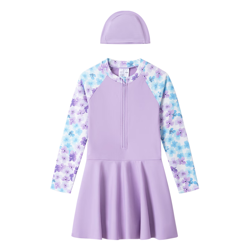 Annil Girls' One-Piece Long-Sleeve Swimsuit Set, Summer 2024, Purple, Size 120