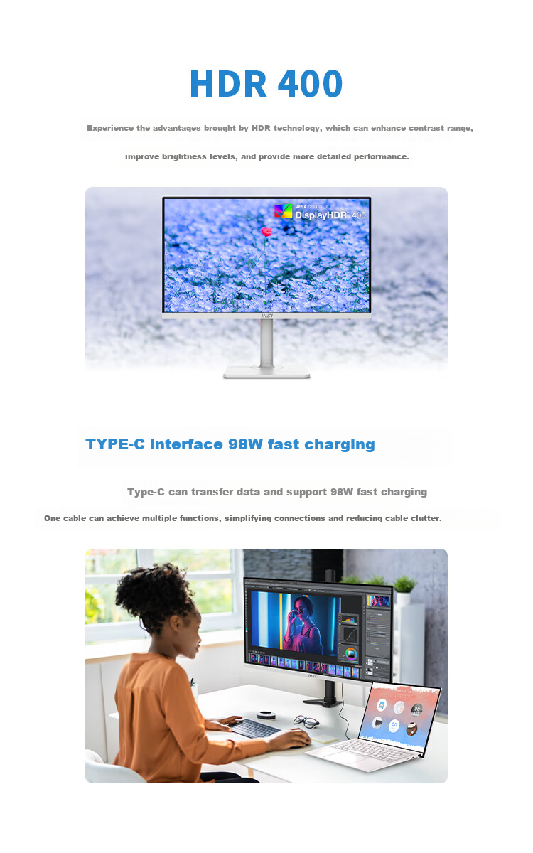 MSI 27-Inch 4K HDR400 Type-C 98W 10Bit 97% DCI-P3, TÜV Rheinland Certified, Rotatable And Height-Adjustable, Professional Design White Monitor MD272UPHW 4