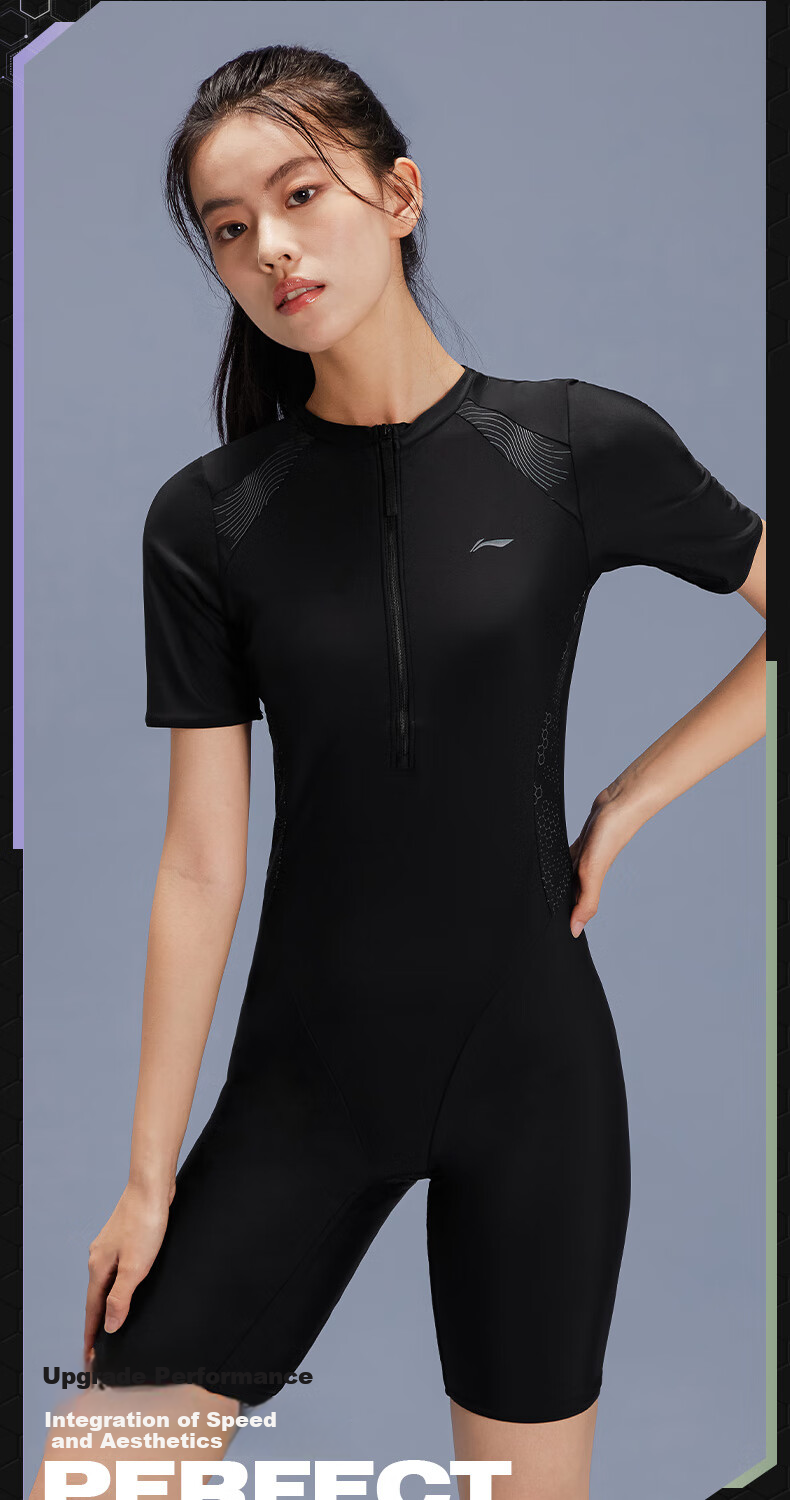 Li-Ning Women's Short-Sleeve Conservative Knee-Length Swimsuit, Training Plus Size Slimming Hot Spring Swimwear 0211 Black XL 4