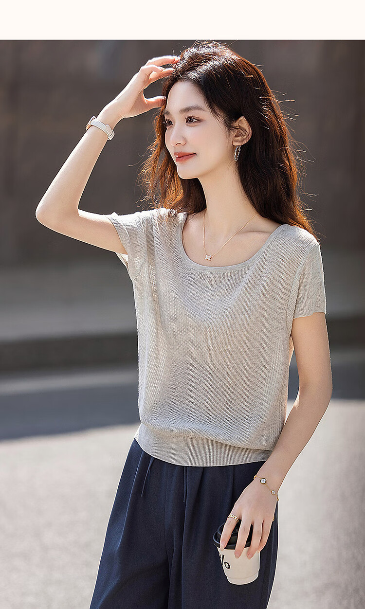 Demana Natural Linen Summer Elegant Round Neck Short Sleeve Loose Knit Top for Petite Women 13