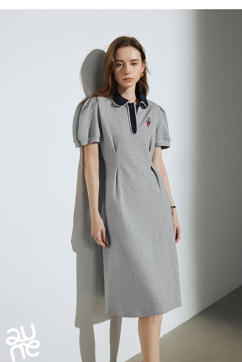 Chuyu Polo Collar Dress with Waist-Cinching Slimming Effect for Women, New Summer 2025 A-Line Short-Sleeve T-Shirt Midi Skirt, Gray, Size S 28